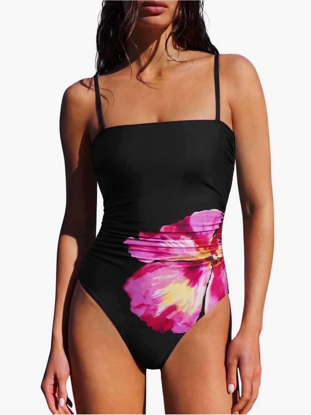 New Black One-Piece Swimsuit with Vibrant Pink Floral Print Small